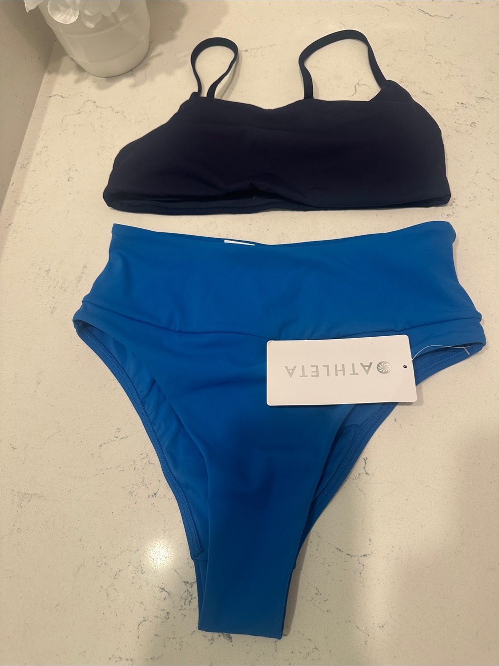 Athleta Black Bikini Top with Bright Blue High-Rise Bottoms